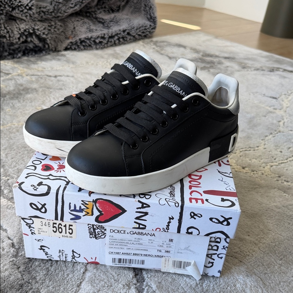 Dolce & Gabbana Portofino Leather Logo Low-Top Sneakers Black White